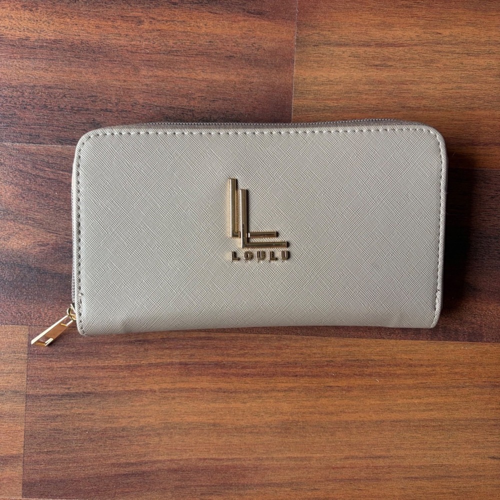 Lulu Taupe Saffiano Vegan Leather Zip Around Continental Wallet Gold Logo New